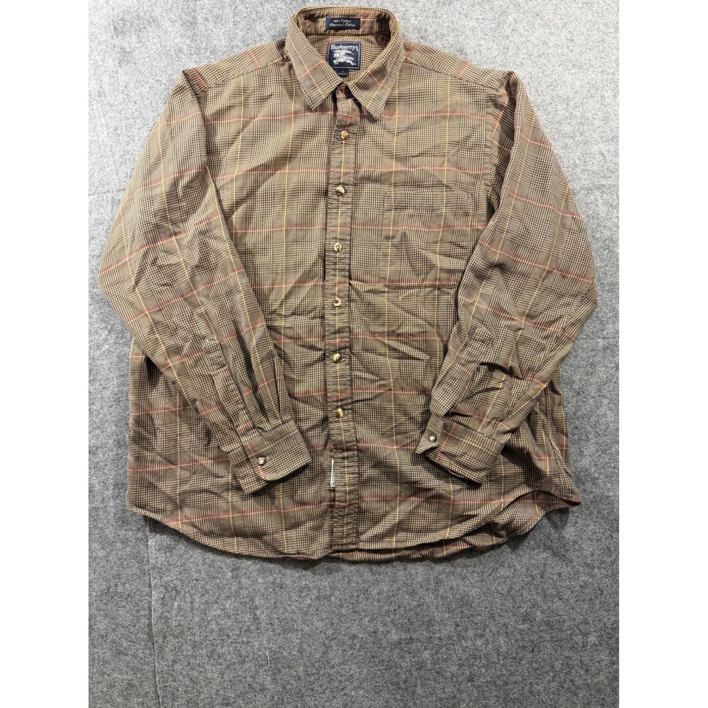 Vintage Burberrys Men's L Plaid Button Up Shirt 100% Cotton Made In USA Brown